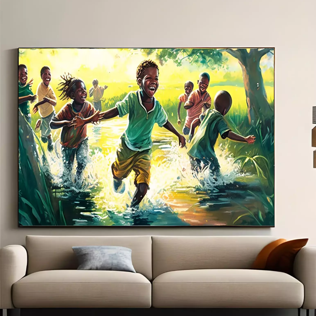 Ugandan Children Playing in River Framed Painting