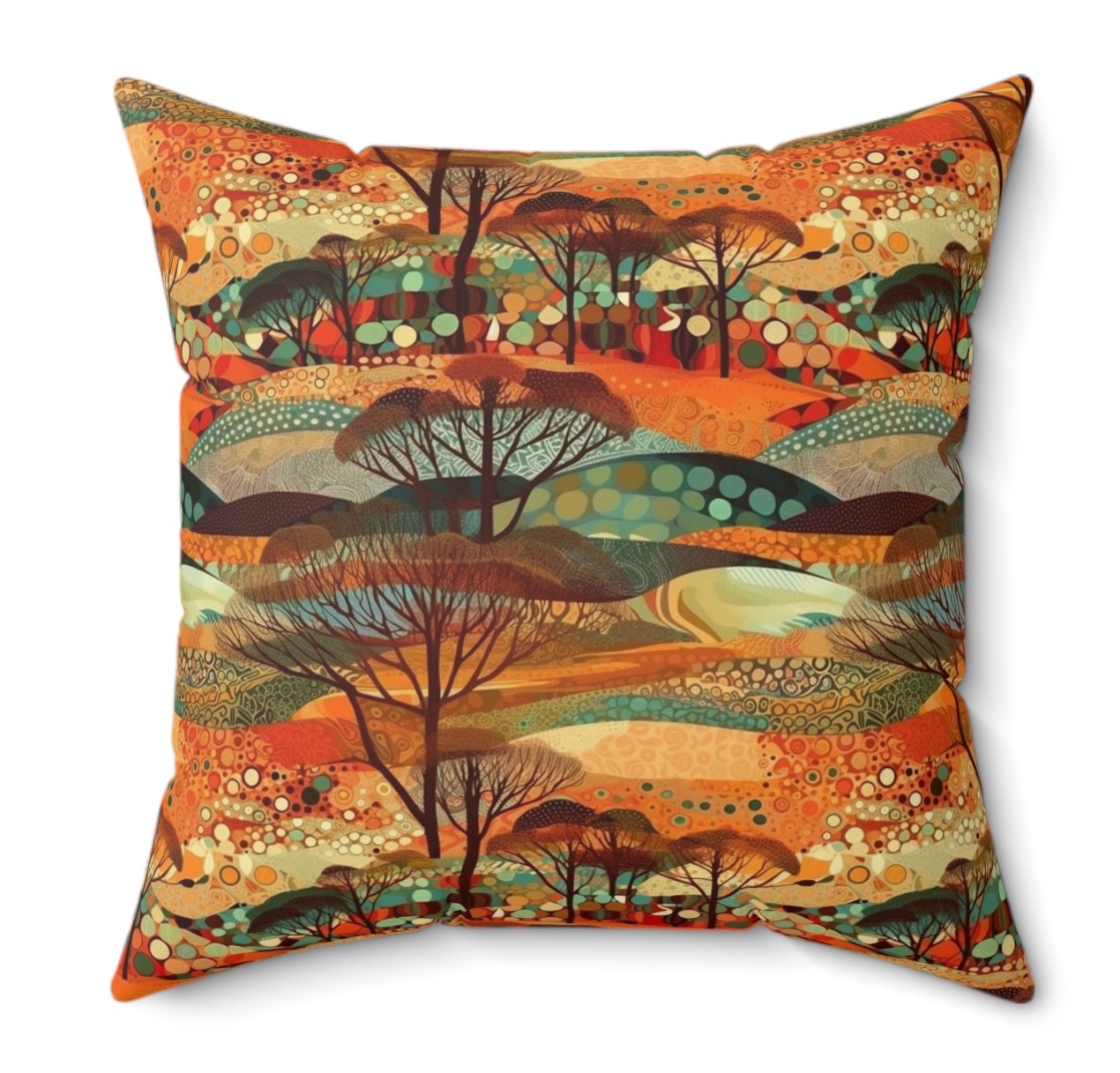 Close-up of the Vibrant Ugandan Landscape Pillow, highlighting the stunning details of the Ugandan landscape and vibrant colors.