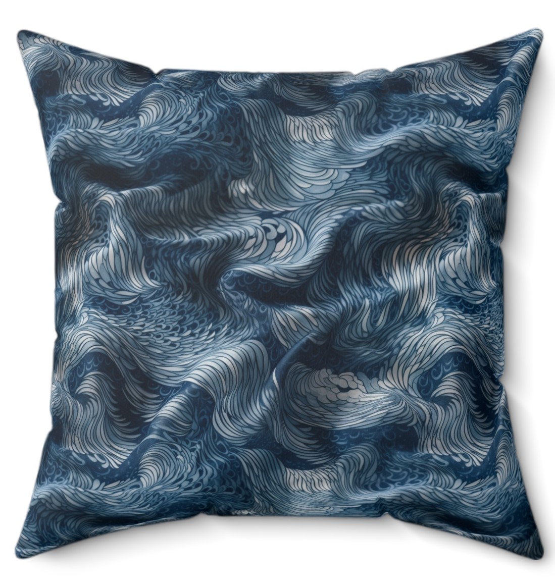 Close-up of the Ugandan Blue Wave Microfiber Square Pillow, showcasing the intricate blue wave design
