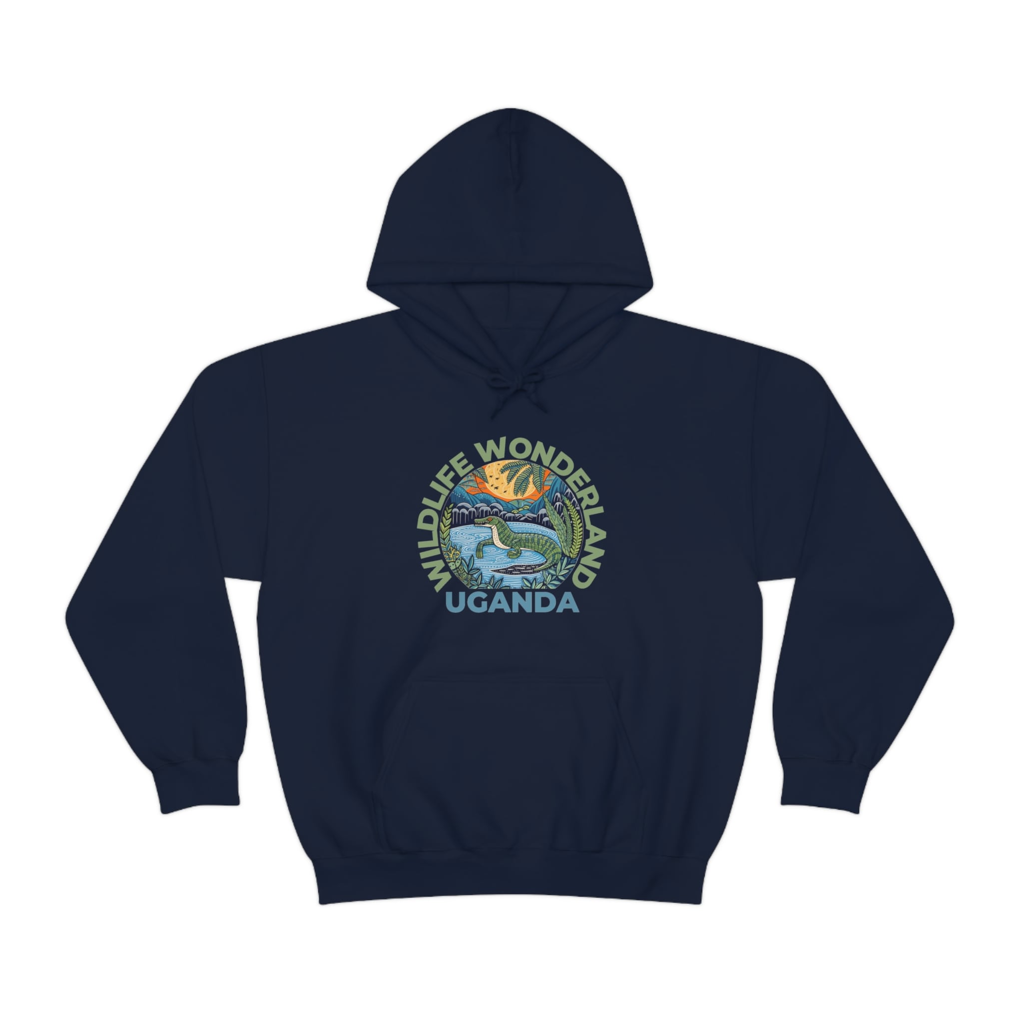 Navy blue hoodie featuring the design of Uganda's wildlife wonderland.