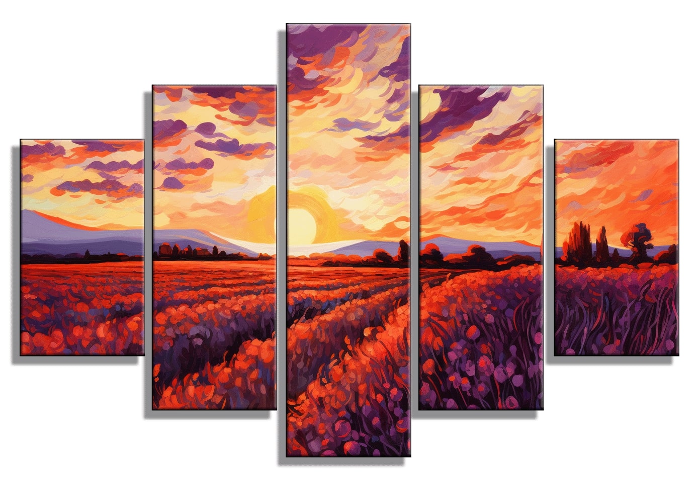 Orange Field with Flowers Impasto Multi-Panel Canvas Painting