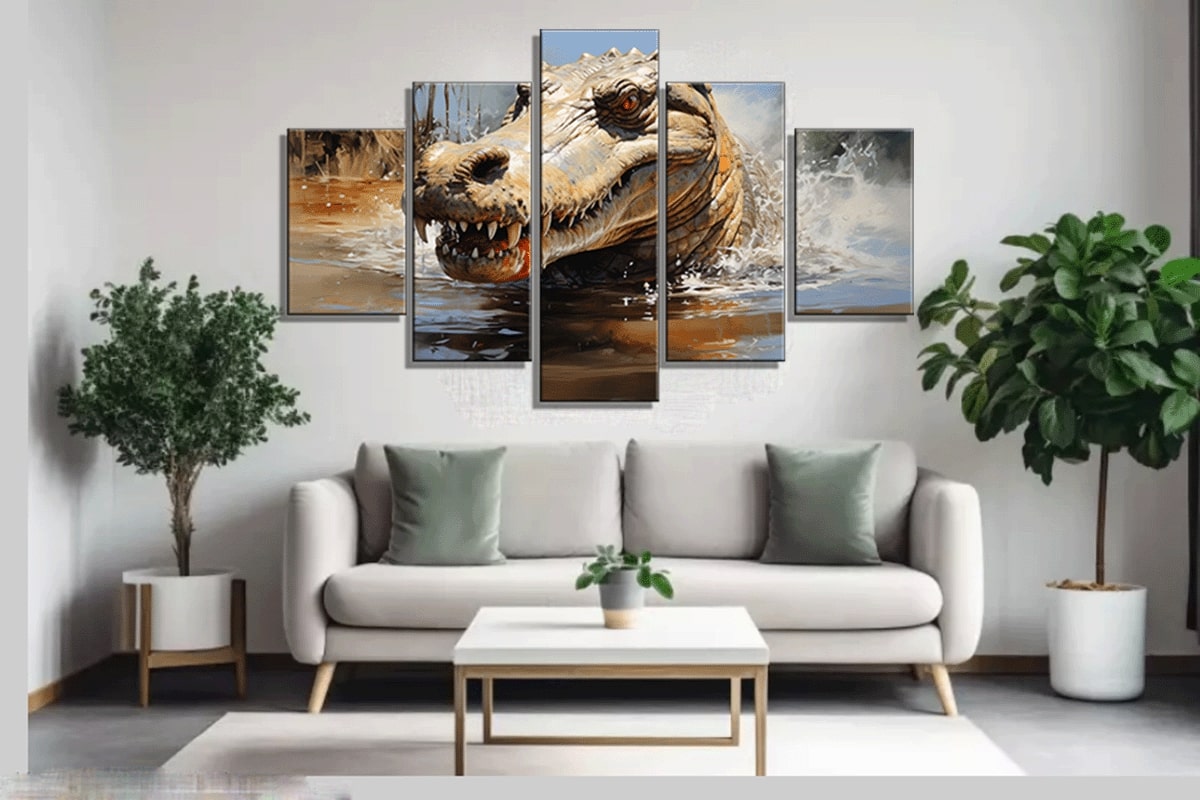 Crocodile Bathing Naturalist Multi-Panel Canvas Painting