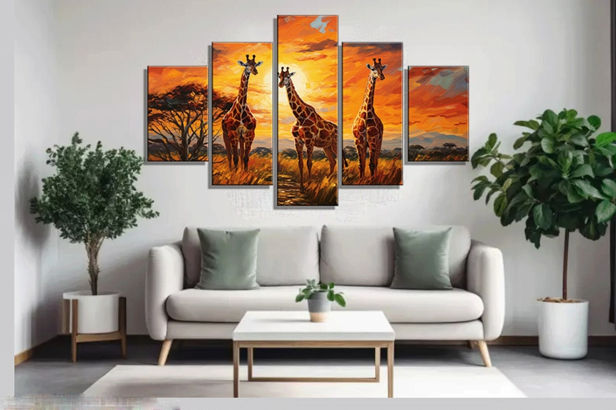 Giraffes in the Savannah Multi-Panel Digital Painting