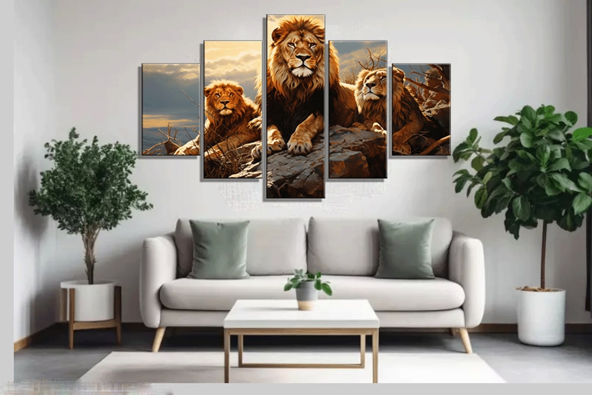 Multi-Panel Lions at Sunset Naturalism Painting- 40x60 inches