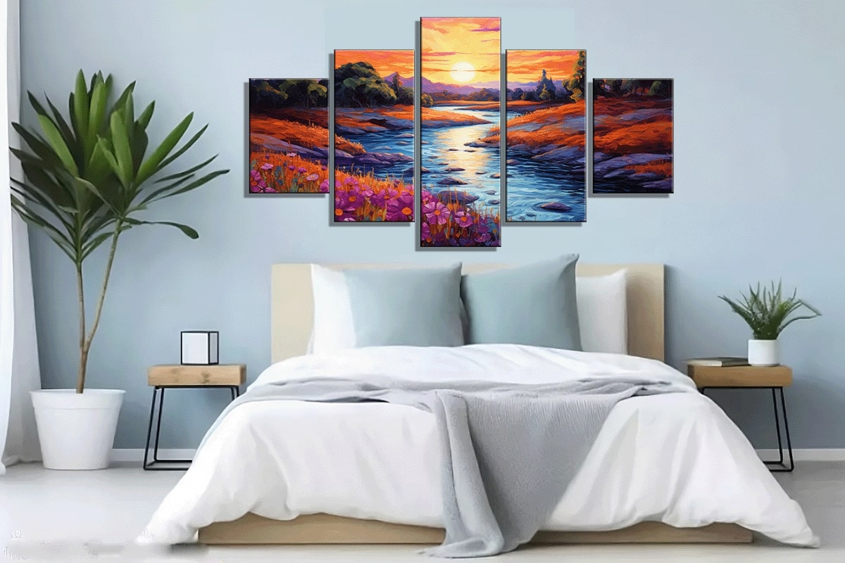 Multi-Panel  River and Flowers at Sunset Impasto Painting - 40x60 inches