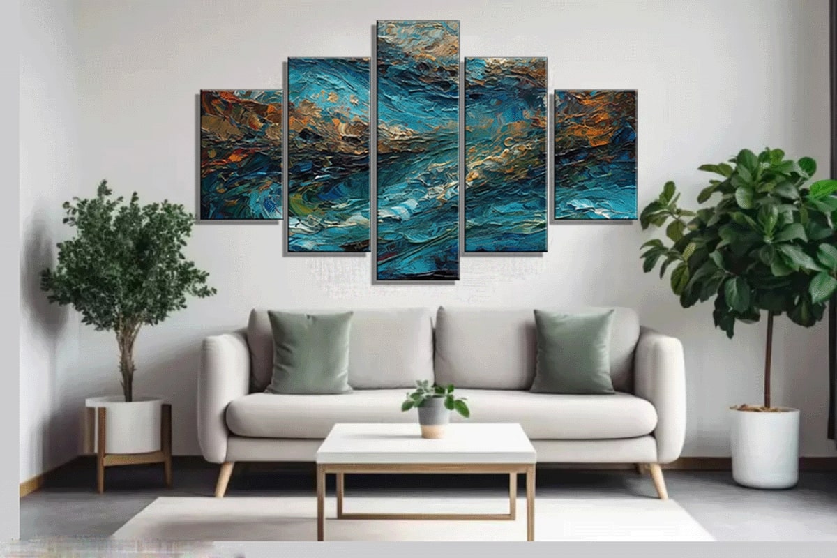 Nile River Abstract Art Painting hanging above sofa.