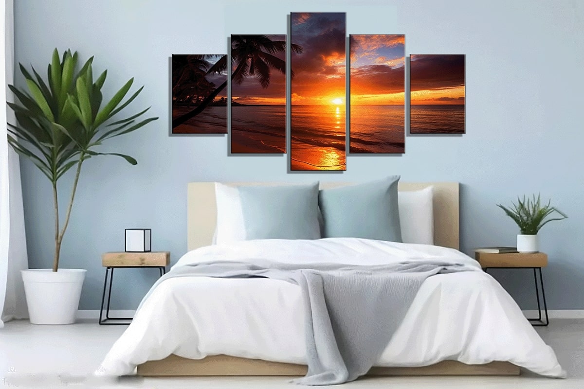 Vivid sunset digital painting with palm trees hanging in bedroom.