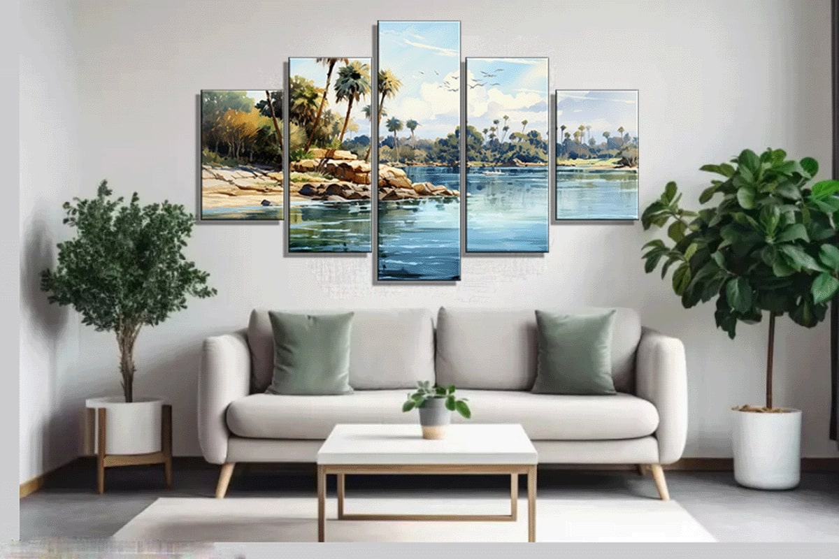 Expressive Nile River Journey painting above the bed.