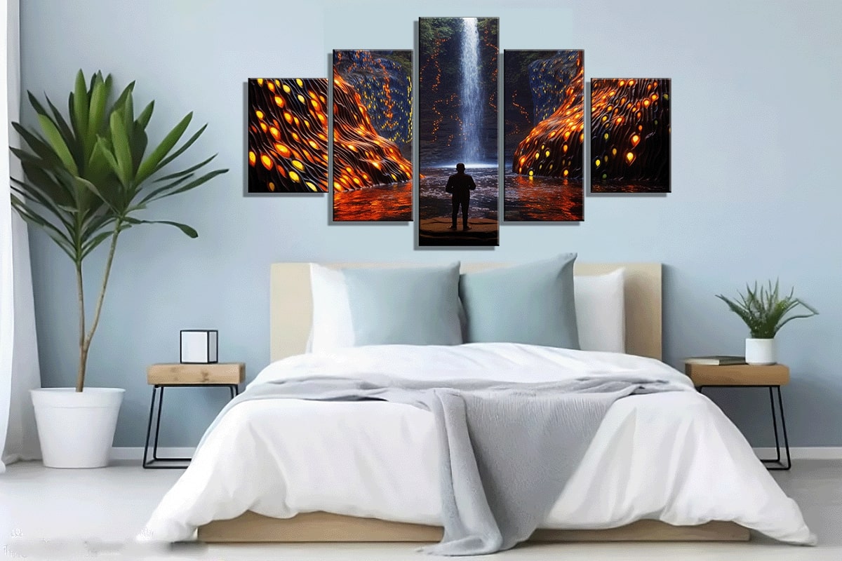 Bujagali Falls painting in the infinity mirror style above bed.