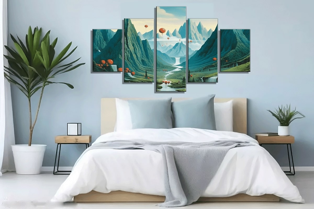 Rwenzori Mountains surreal painting above the bed in the bedroom.