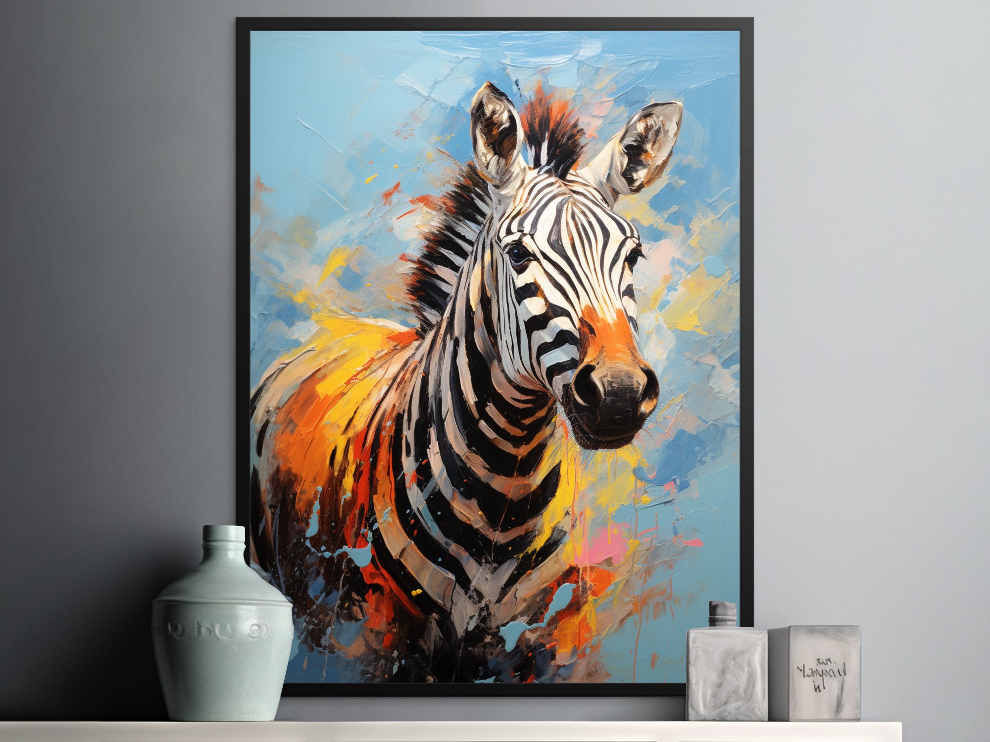Close up of zebra impasto wall art portrait showcasing thick, textured brushstrokes