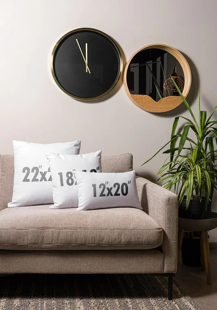 Custom printed pillow cases in the couch indicating their sizes