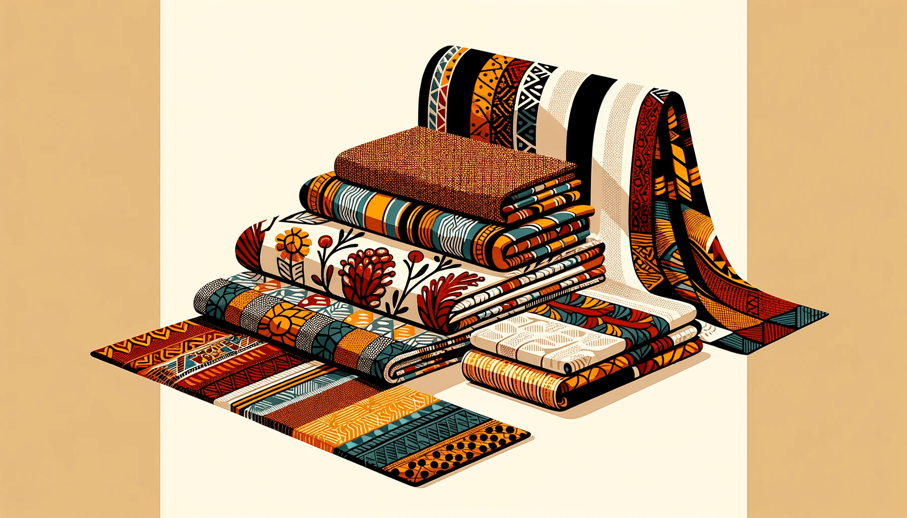 Minimalist African prints' fabrics showcasing vibrant patterns and colors, representing cultural richness.